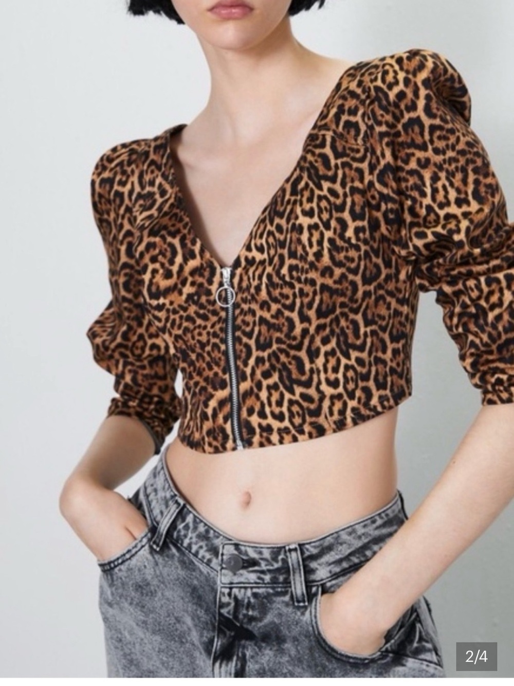 Zara Leopard Print Cropped Zip-Front Top in Brown and Black size M